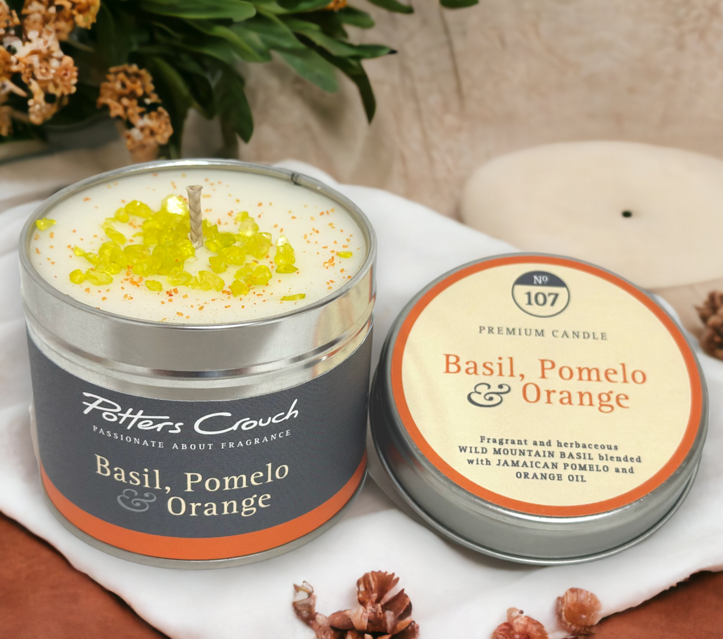 Delicate basil notes notes blended with citrus for a warm & subtly spicy scent.